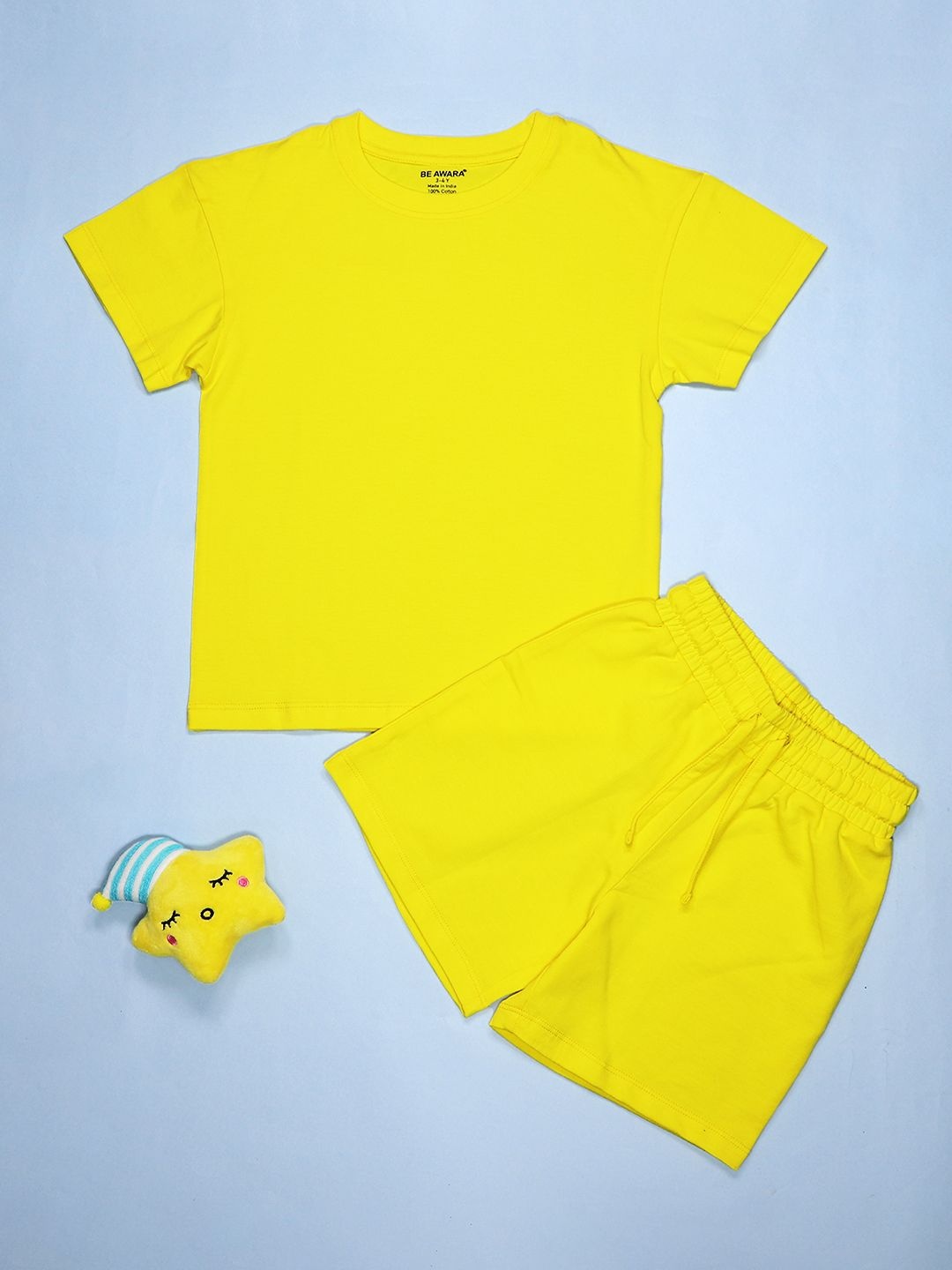 

BE AWARA Kids Drop Shoulder Pure Cotton T-shirt With Shorts, Yellow