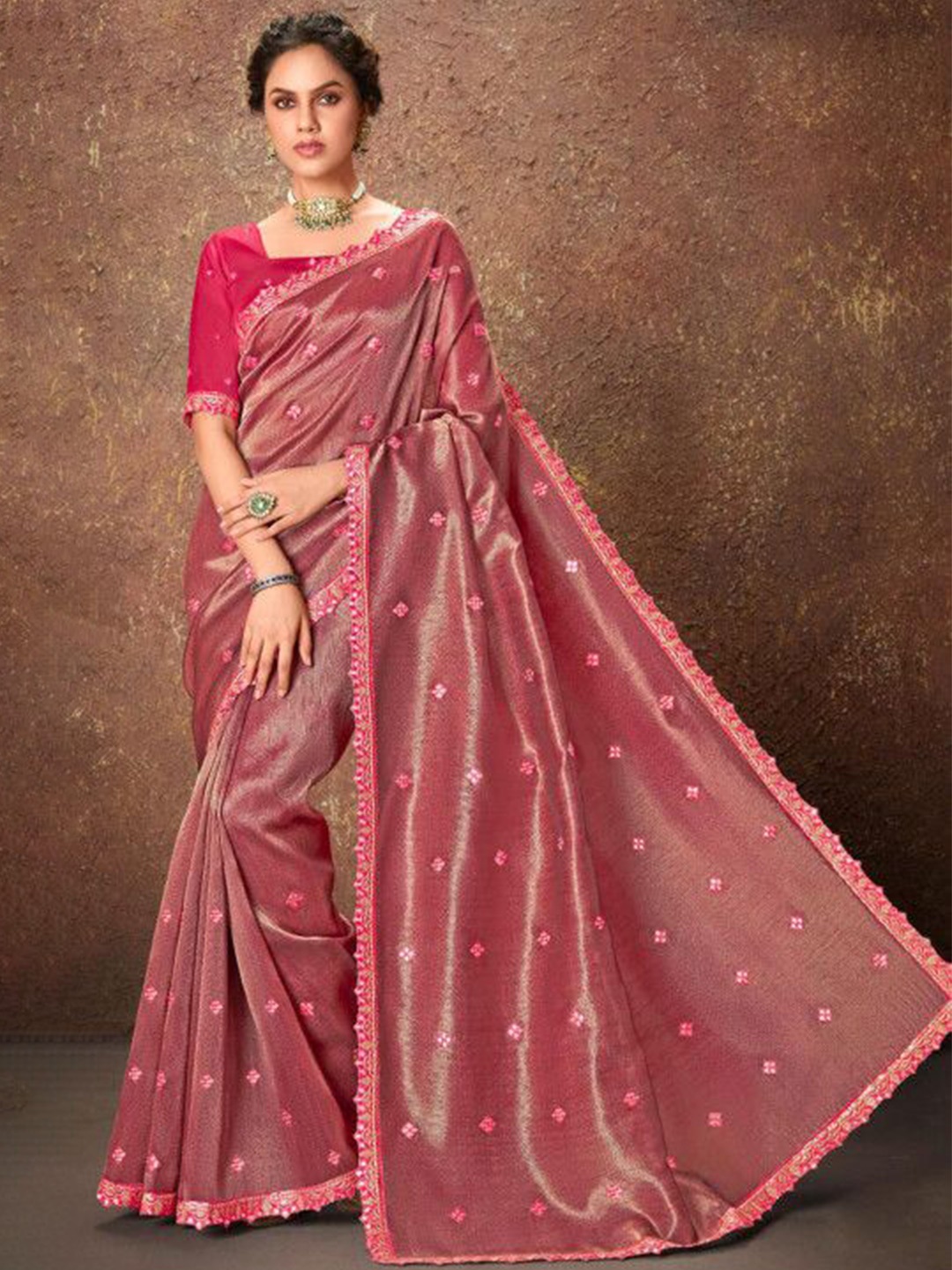 

MAHALASA Floral Embroidered Tissue Saree, Pink