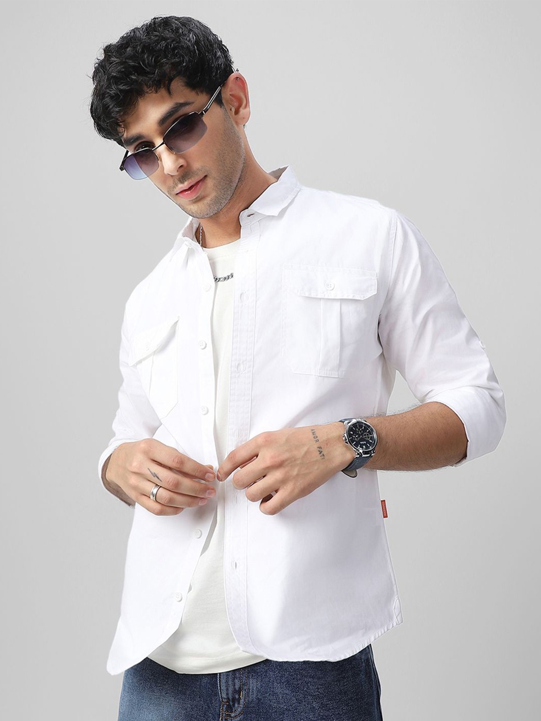 

Urbano Fashion Men Spread Collar Solid Cotton Casual Shirt, White