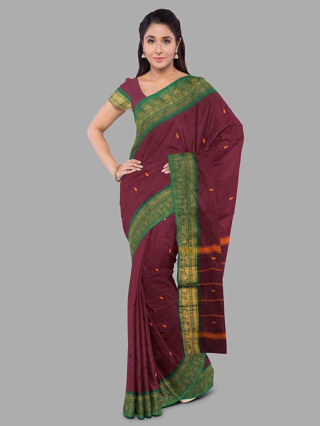 

The Chennai Silks Floral Zari Pure Cotton Fusion Chettinad Saree, Maroon