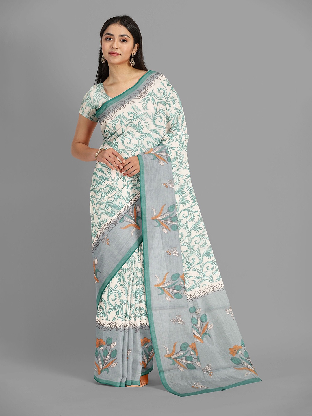 

The Chennai Silks Floral Pure Cotton Muga Saree, Cream