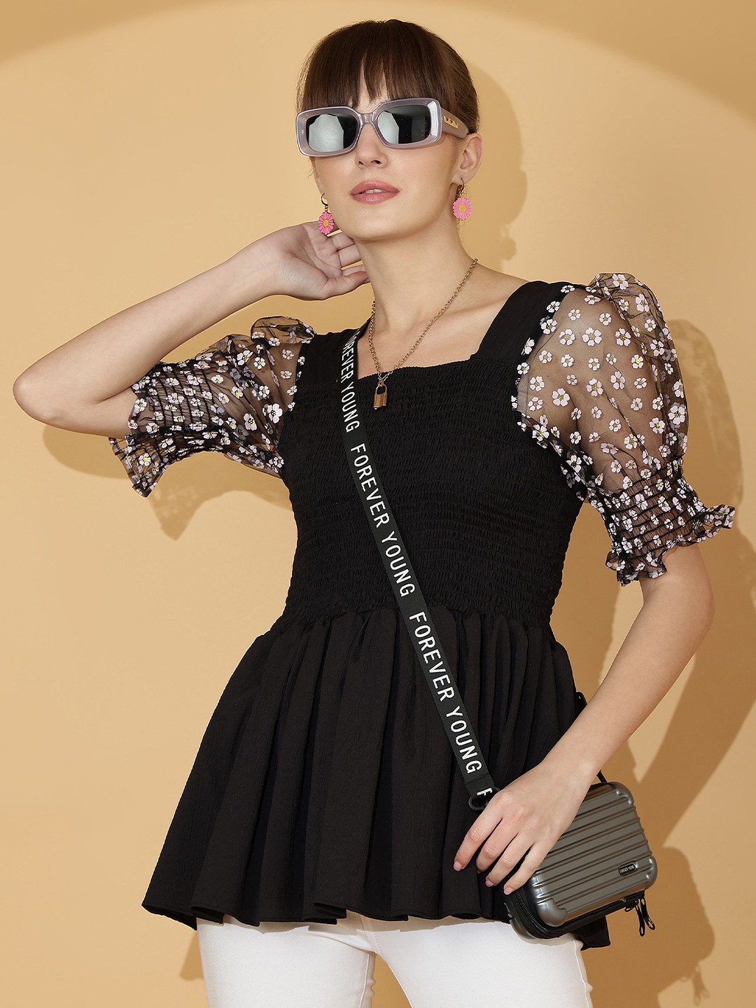 

SHEETAL Associates Women Puff Sleeve Top, Black