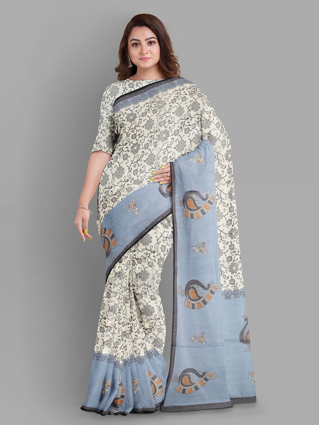 

The Chennai Silks Floral Pure Cotton Muga Saree, Cream