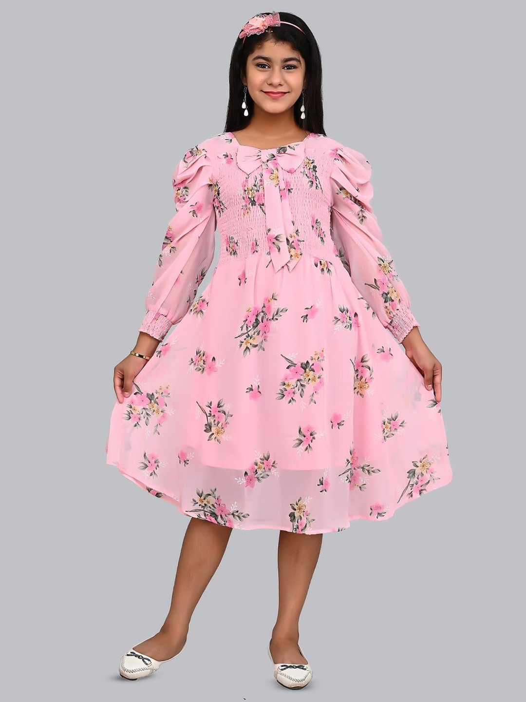 

FELLAMO Women Floral Printed Smocked Fit & Flare Dress Comes with a Comes with a bow, Pink