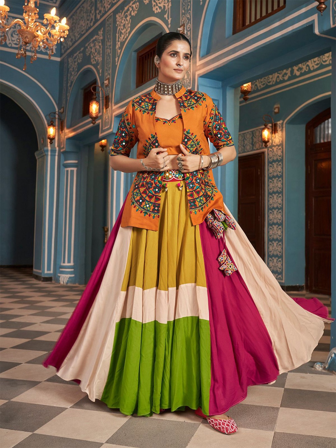 

ODETTE Embroidered Ready to Wear Lehenga & Blouse With Shrug, Green