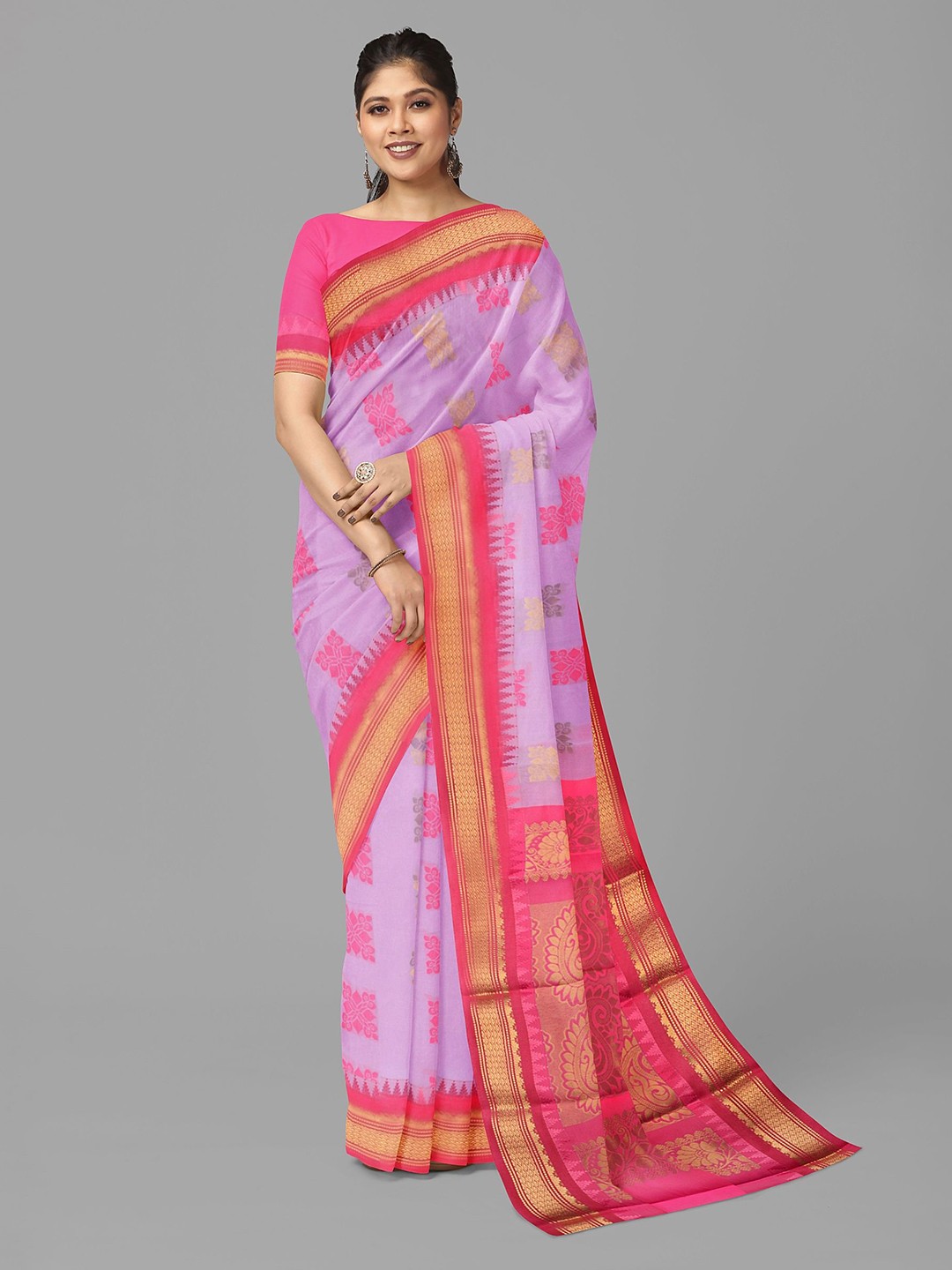 

The Chennai Silks Ethnic Motifs Zari Silk Cotton Maheshwari Saree, Lavender