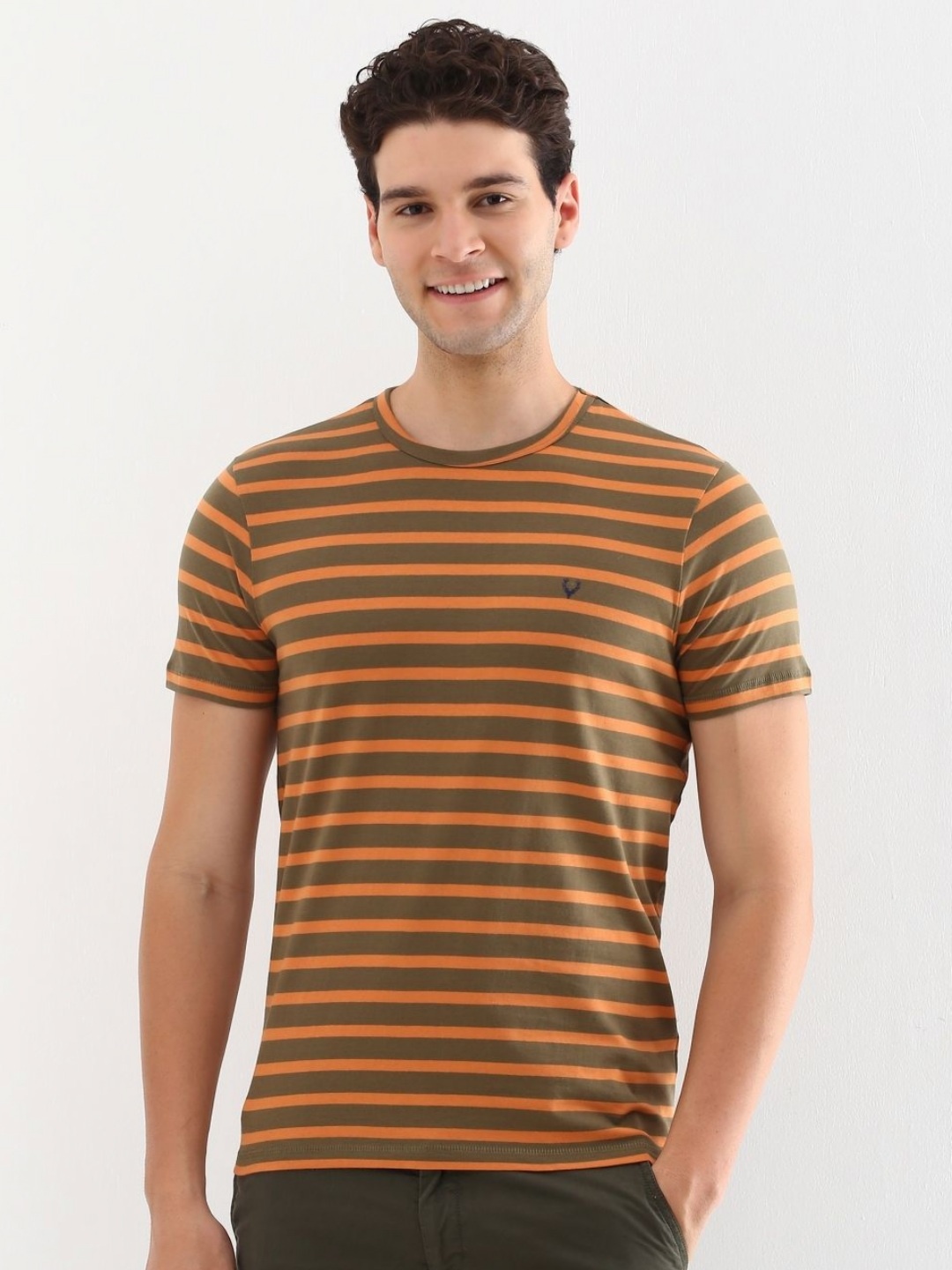 

Allen Solly Men Striped Round Neck Cotton Slim Fit T-shirt, Olive