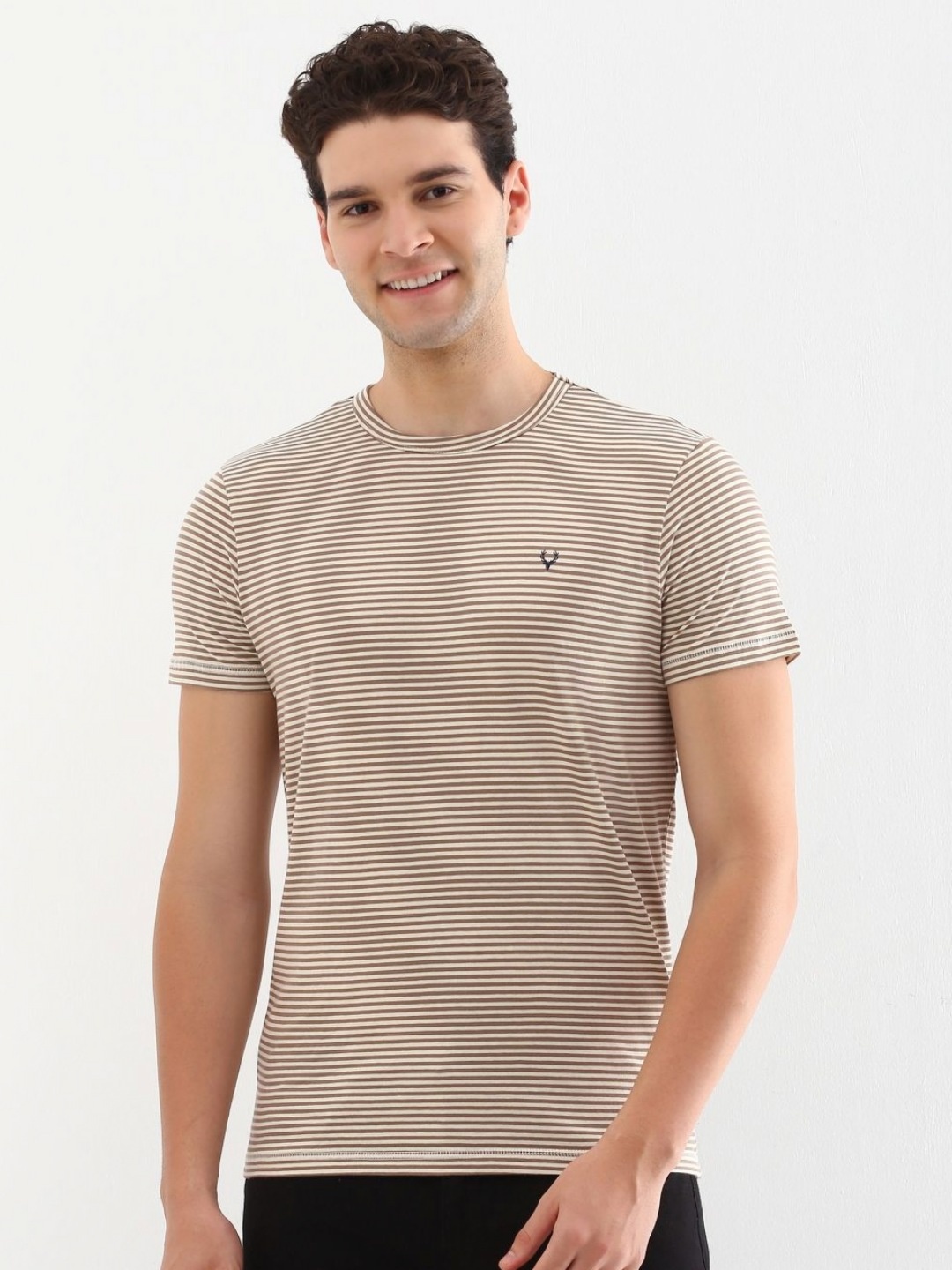 

Allen Solly Men Striped Round Neck Cotton Slim Fit T-shirt, Beige