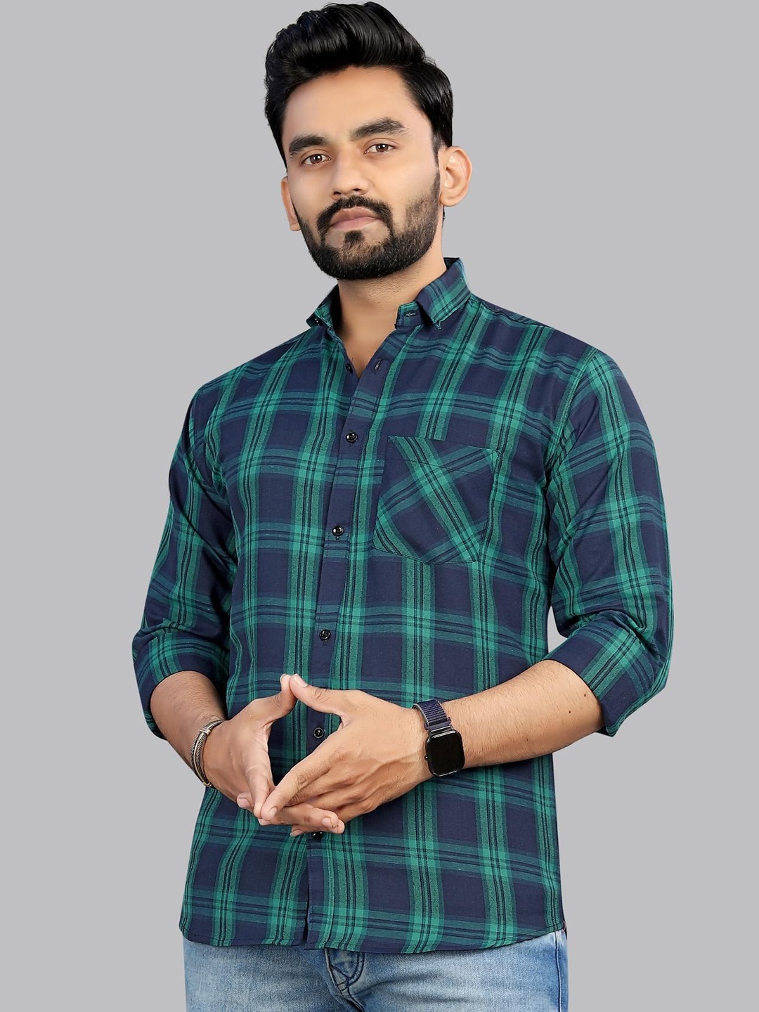 

allan peter Men Classic Spread Collar Tartan Checked Cotton Casual Shirt, Navy blue