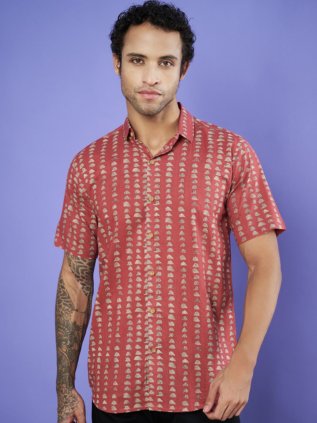 

KALINI Men Premium Spread Collar Abstract Printed Cotton Casual Shirt, Pink