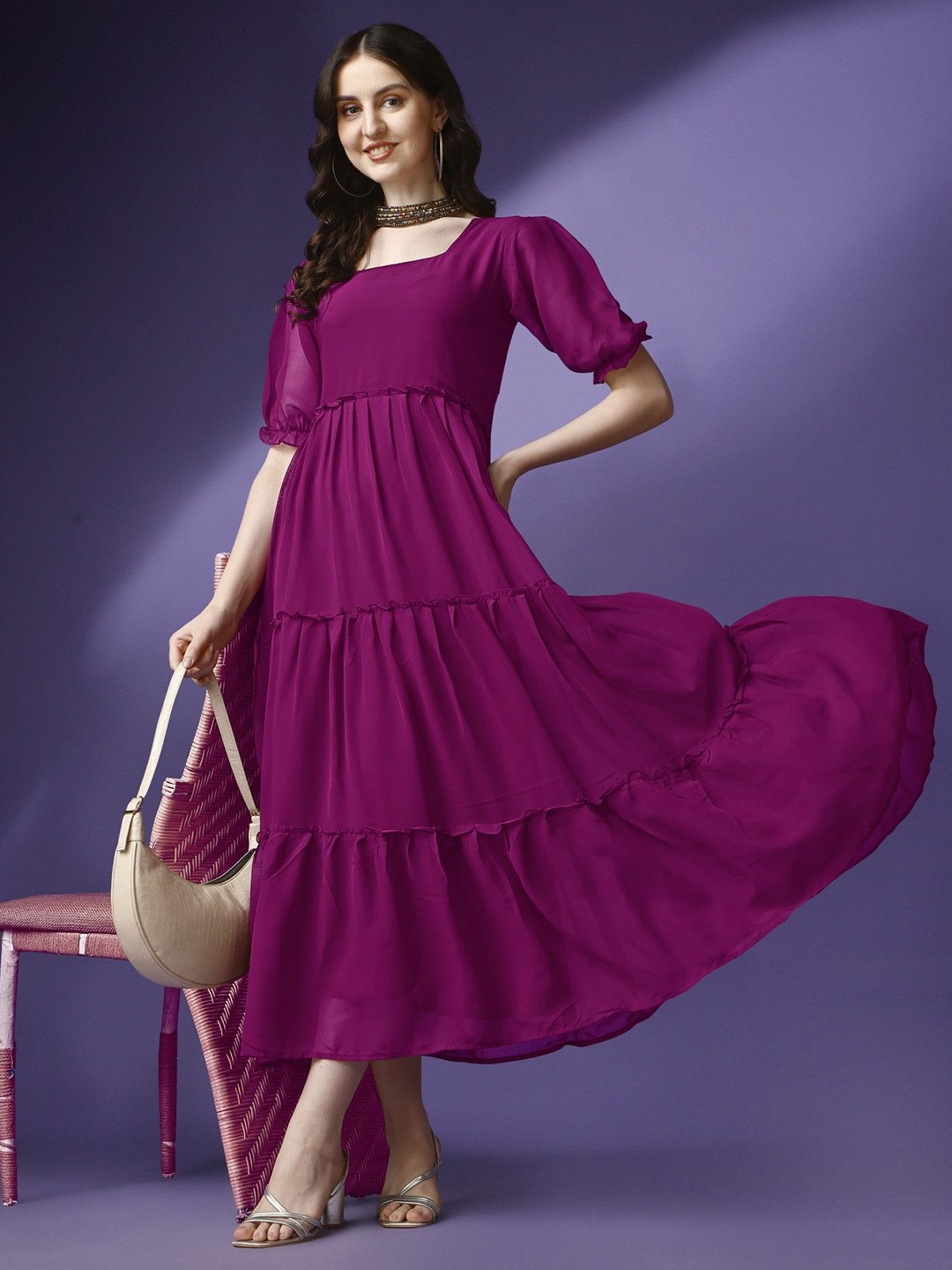 

Raiyani Enterprise Womens Applique Georgette Fit & Flare Maxi Dress, Violet