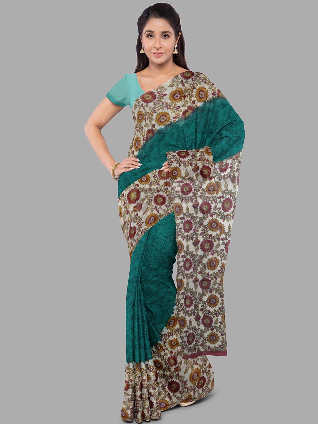 

The Chennai Silks Floral Printed Pure Cotton Muga Saree, Blue