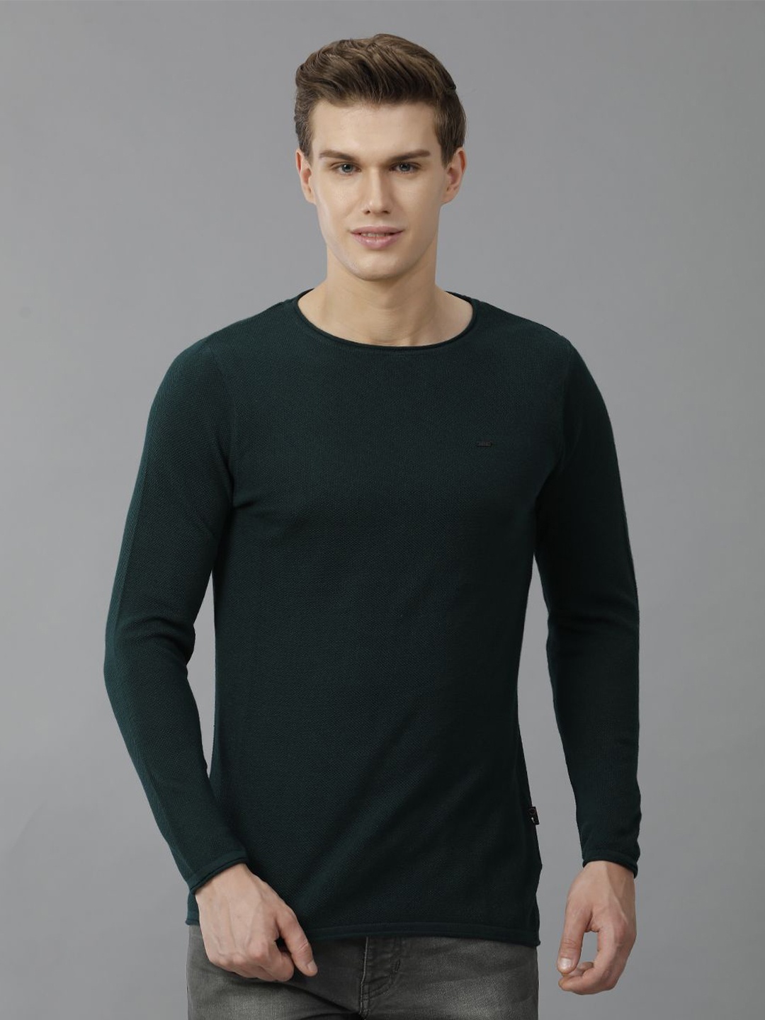 

IDENTITI Men Slim Fit Round Neck Flat Knit Sweatshirt, Green