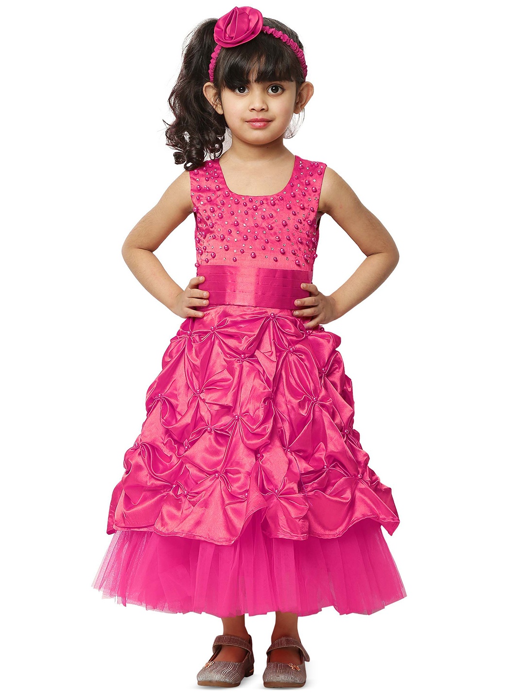 

Wish little Girls Embellished Beads & Stones Satin A-Line Maxi Dress, Pink