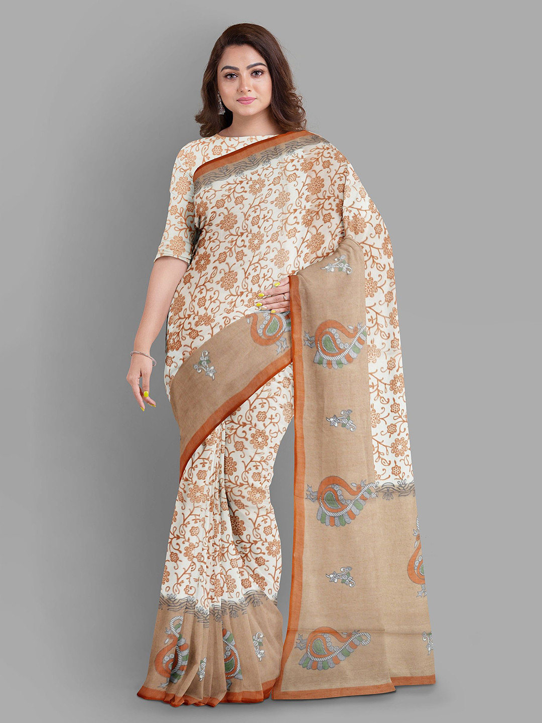 

The Chennai Silks Floral Pure Cotton Fusion Muga Saree, Cream
