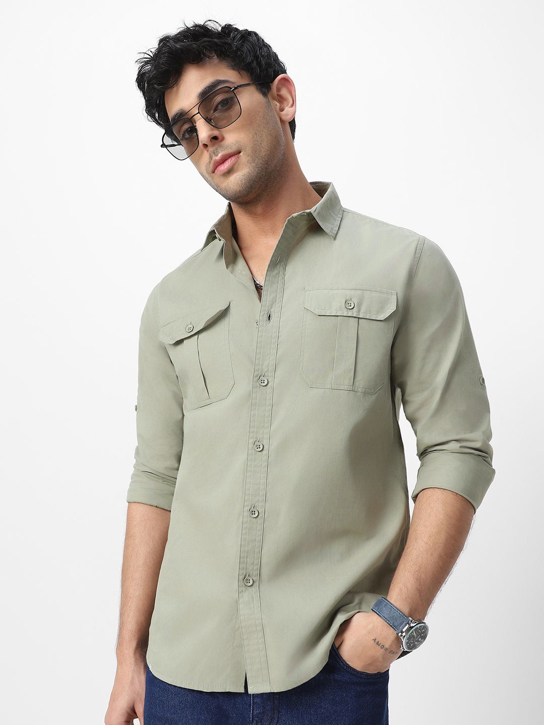 

Urbano Fashion Men Spread Collar Solid Cotton Casual Shirt, Green