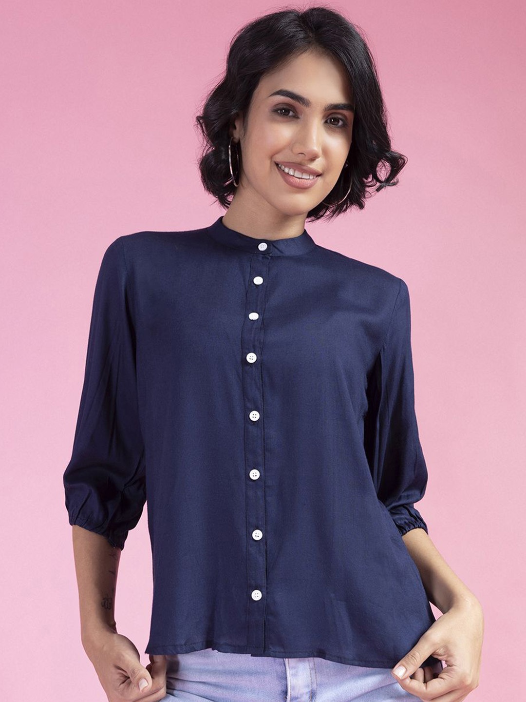 

Jomso Mandarin Women Mandarin Collar Cotton Top, Navy blue