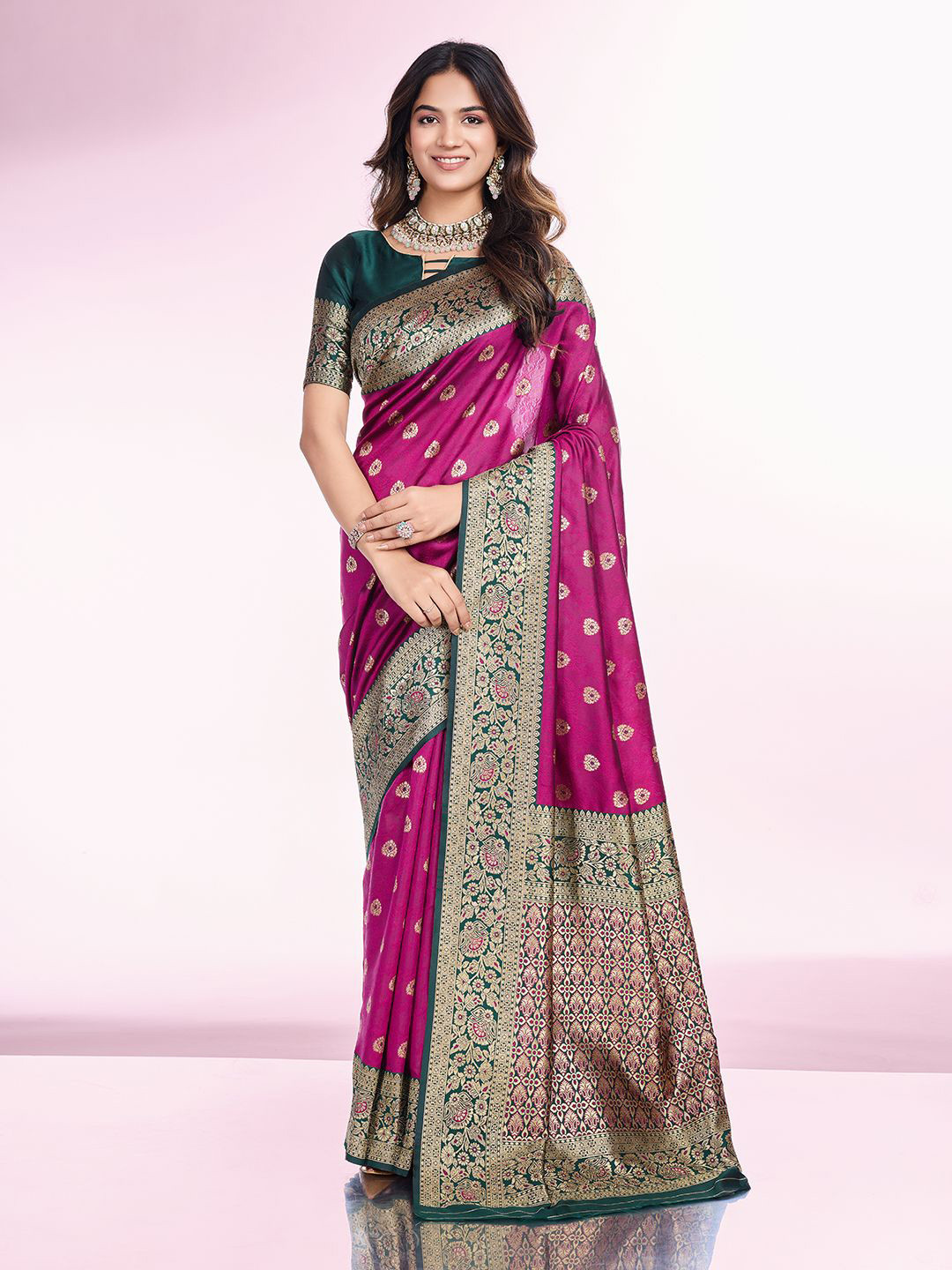 

RICH & ROMAN Woven Design Zari Pure Silk Banarasi Saree, Magenta