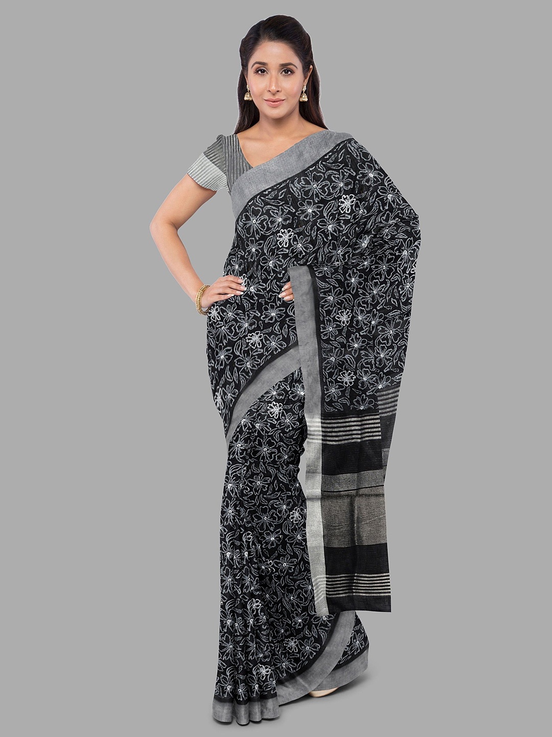 

The Chennai Silks Floral Linen Blend Bhagalpuri Saree, Black