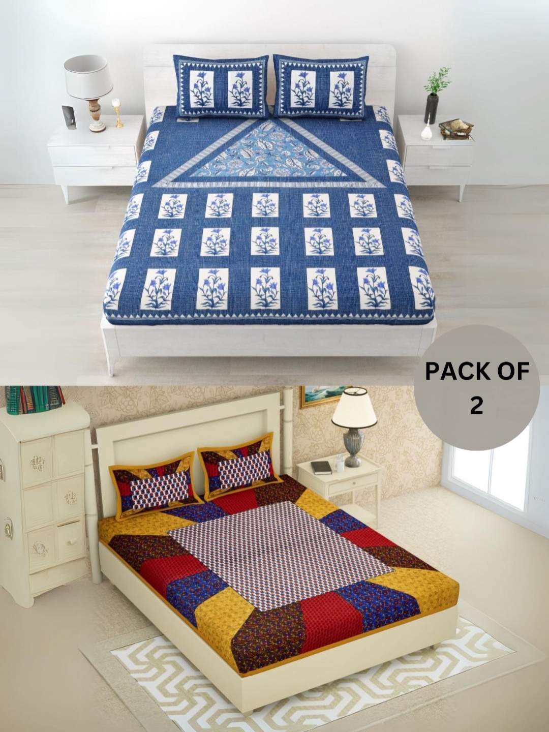 

LIVING ROOTS Blue & Red Floral 210 TC 2 Queen Bedsheet with 4 Pillow Covers