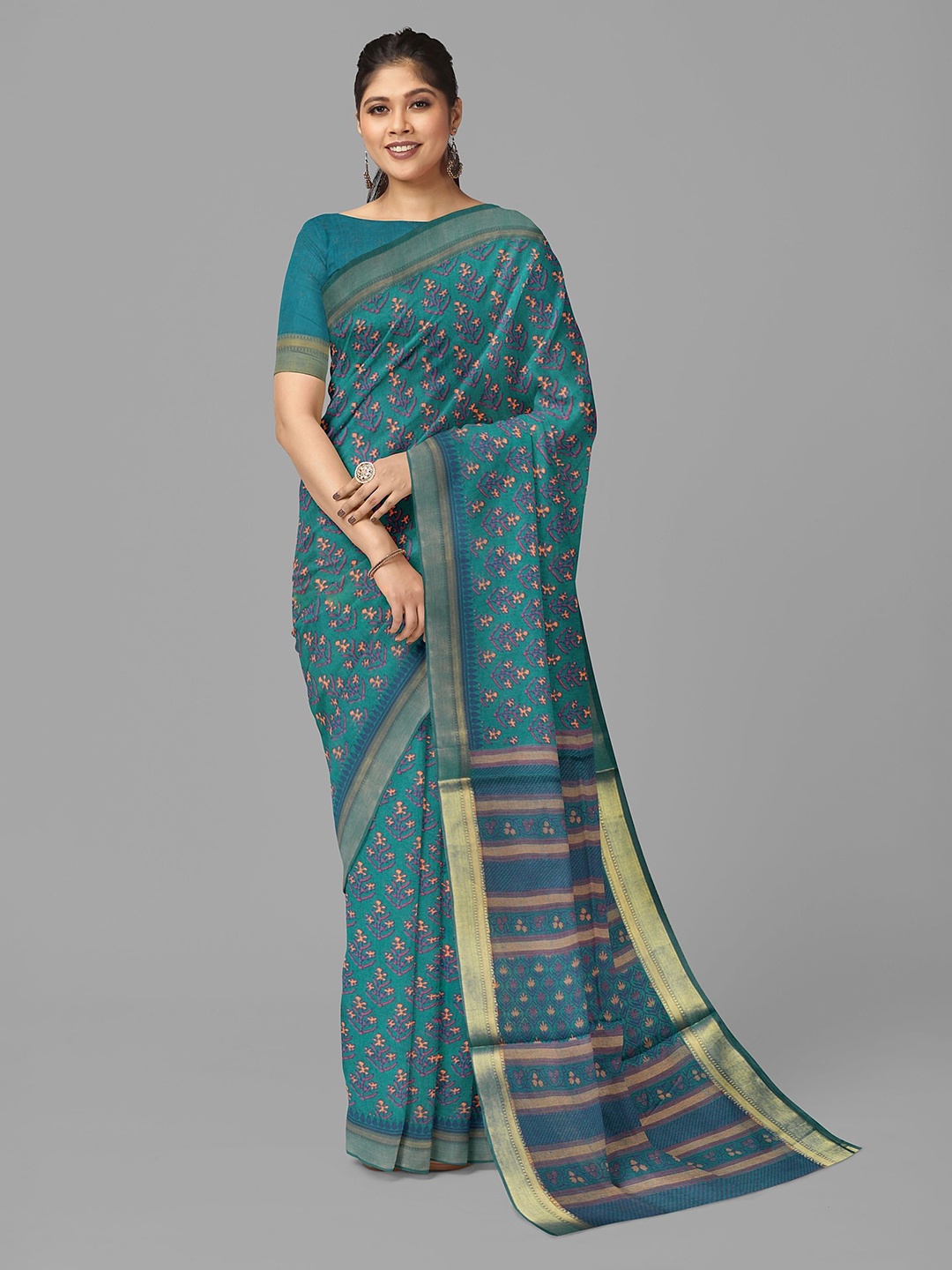 

The Chennai Silks Floral Printed Zari Pure Cotton Chanderi Saree, Blue