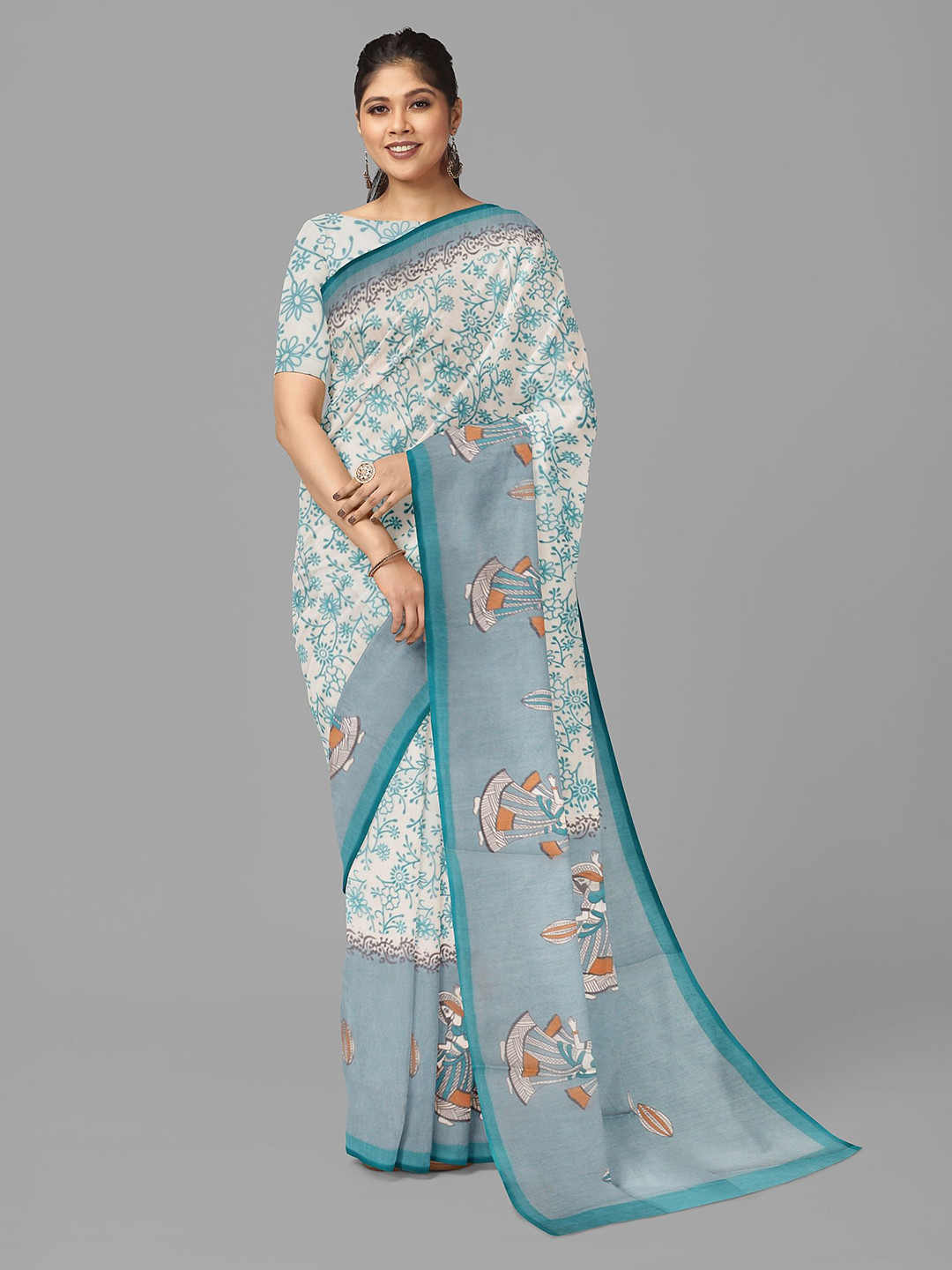 

The Chennai Silks Floral Pure Cotton Fusion Muga Saree, Cream