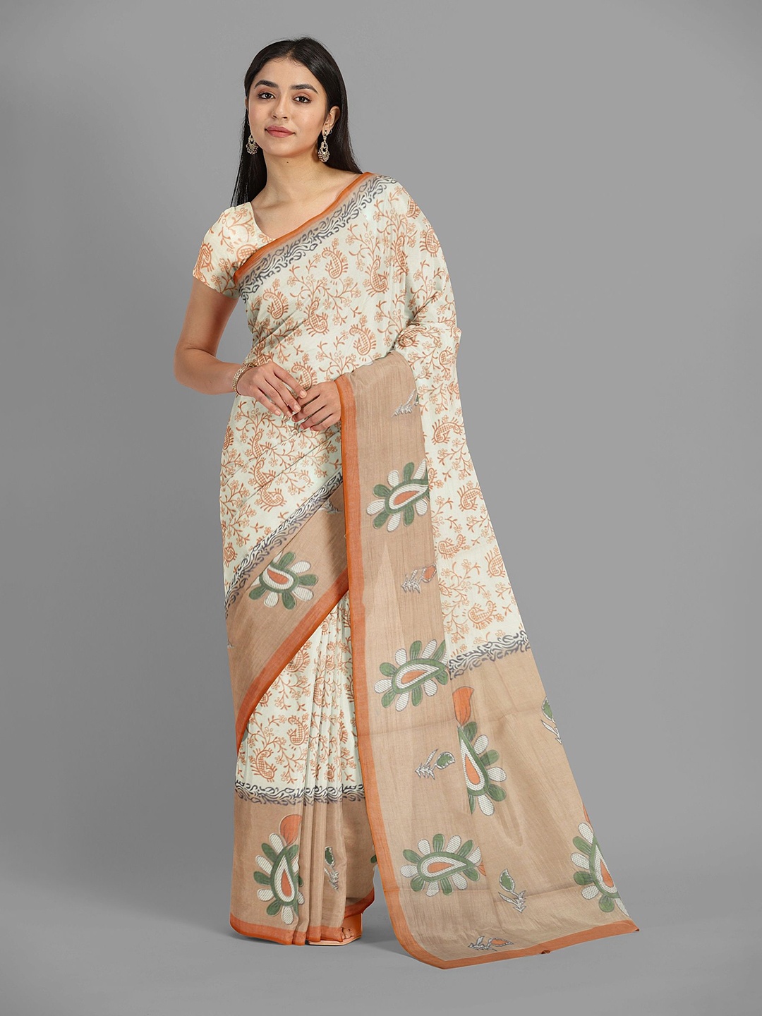 

The Chennai Silks Floral Pure Cotton Muga Saree, Cream