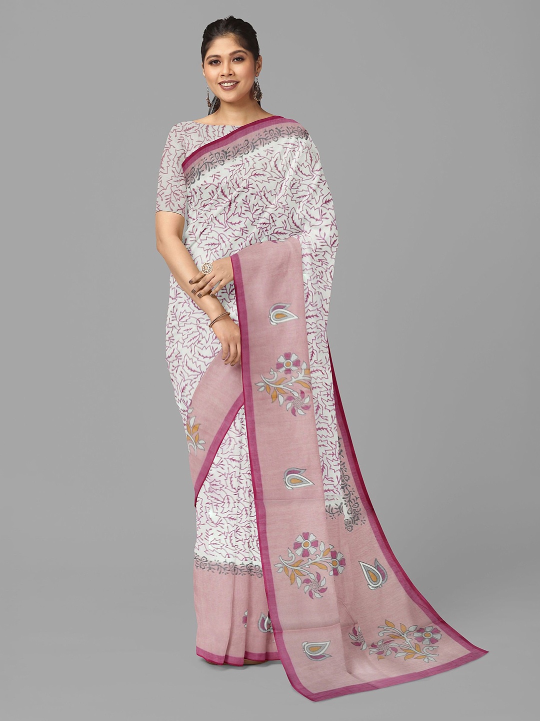

The Chennai Silks Floral Pure Cotton Fusion Muga Saree, Cream