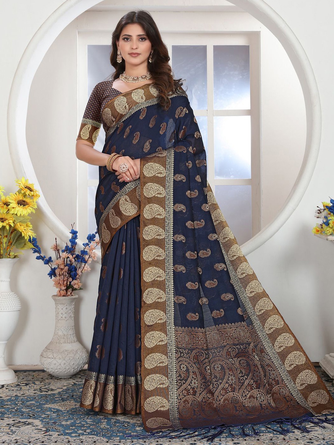 

ISHIKA FAB Woven Design Zari Traditional Chanderi Saree, Navy blue