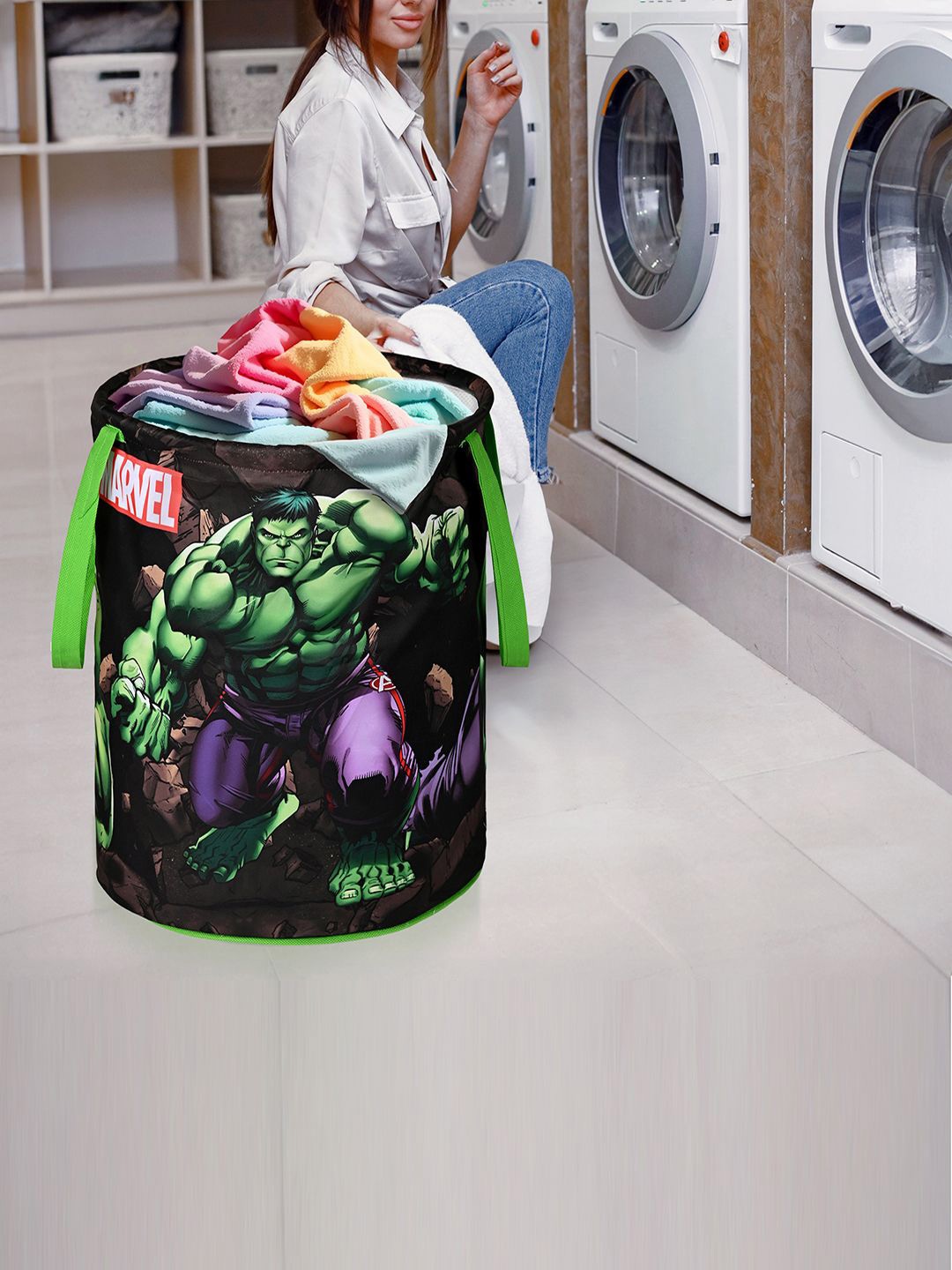 

Kuber Industries Green 2 Pieces Marvel Hulk Printed Foldable Laundry Bag 45L