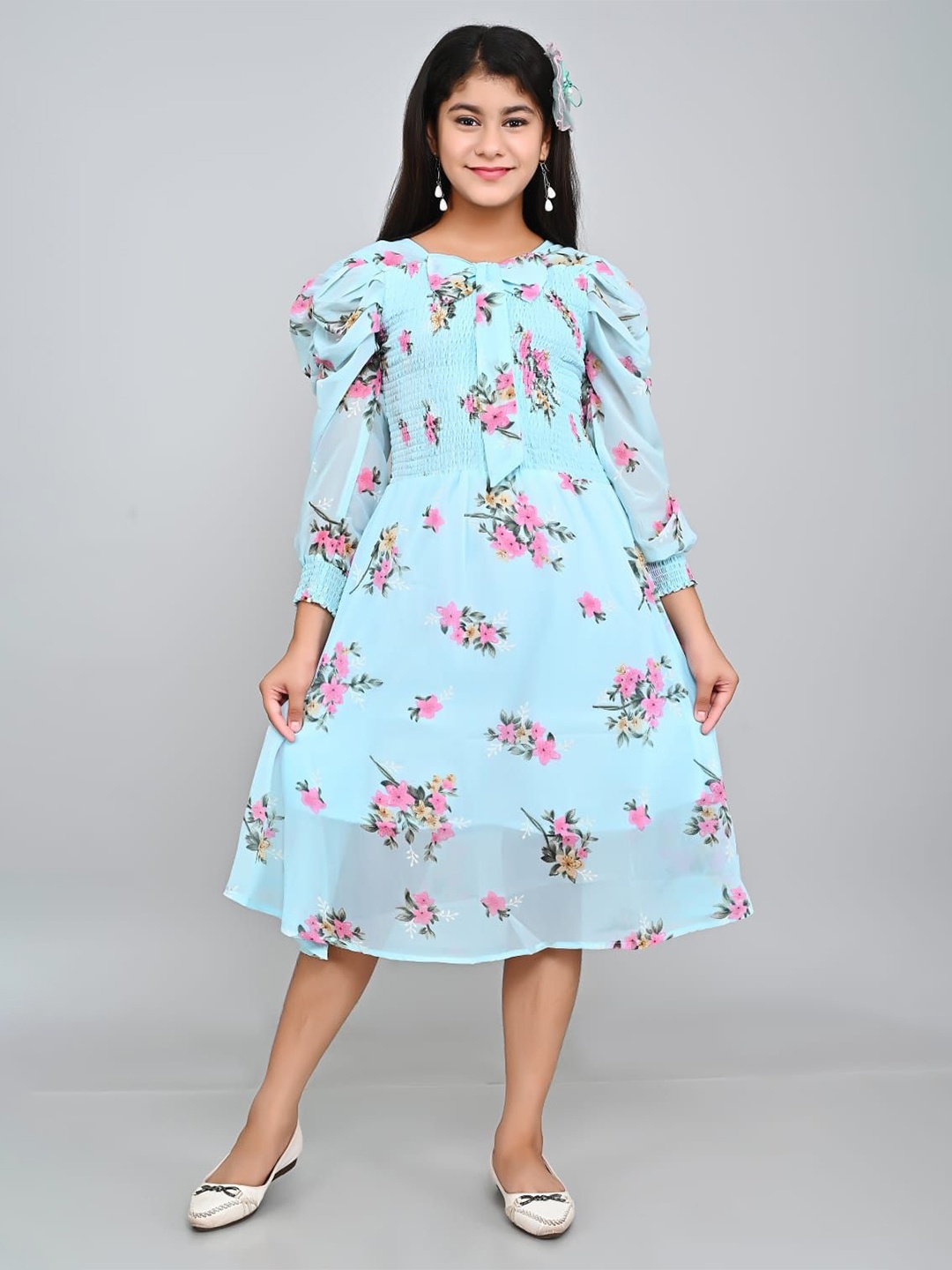 

FELLAMO Women Floral Printed Smocked A-Line Dress, Blue