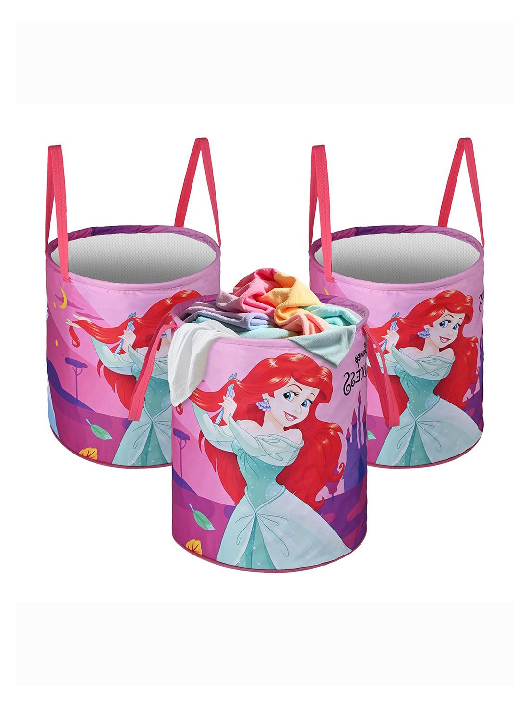 

Kuber Industries Pink & Blue 3 Pieces Disney Princess Printed Foldable Laundry Bags 45L