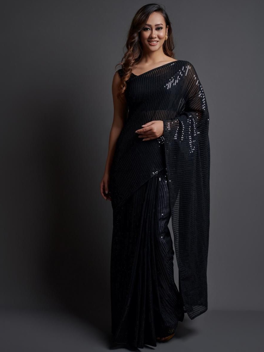 

THE52 Embellished Embroidered Sequinned Saree, Black