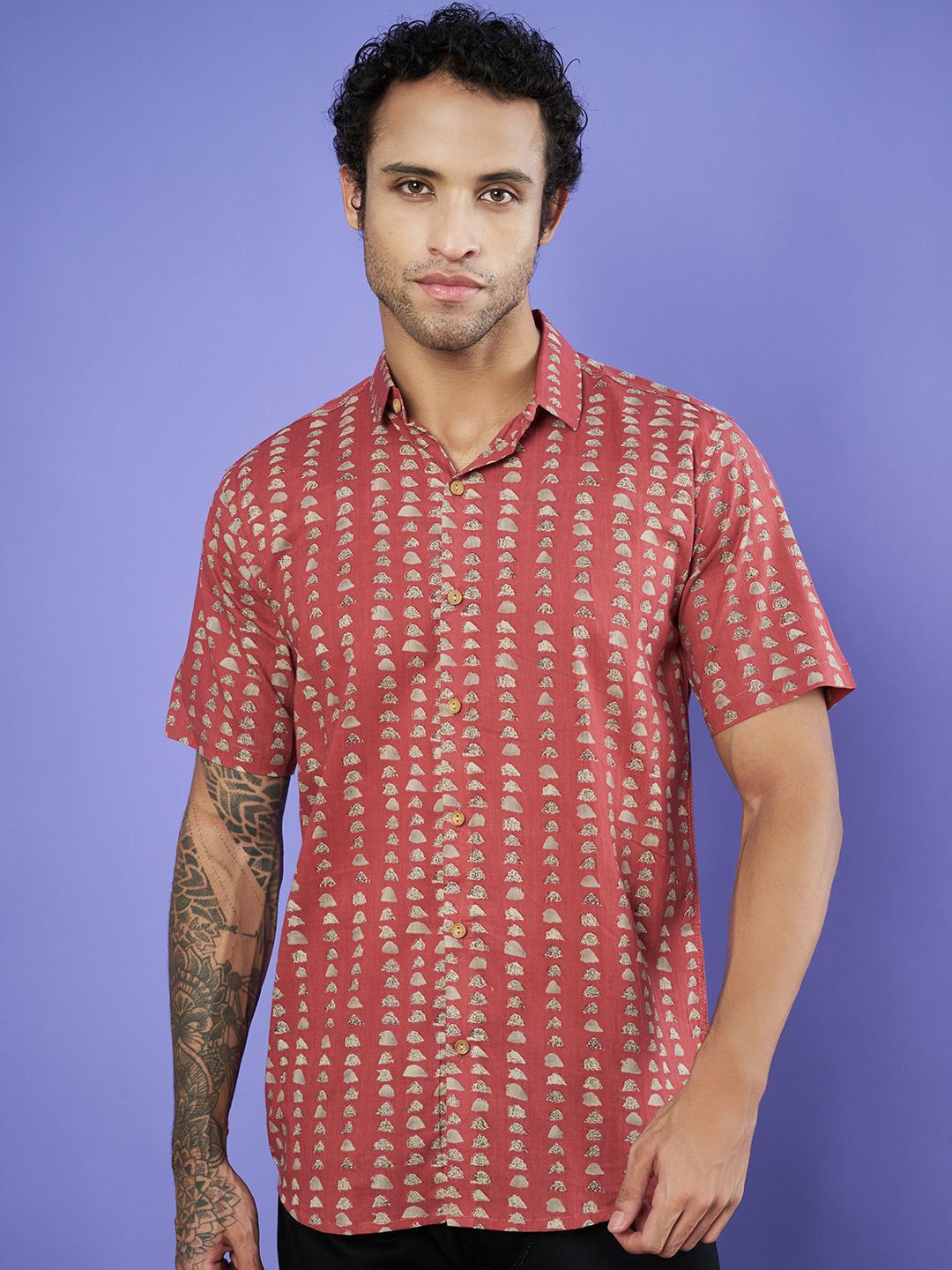 

COTLAND FASHION Men Premium Spread Collar Abstract Printed Cotton Casual Shirt, Rust