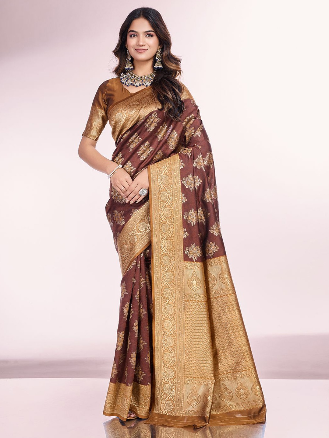 

RICH & ROMAN Ethnic Motifs Zari Pure Silk Traditional Banarasi Saree, Coffee brown