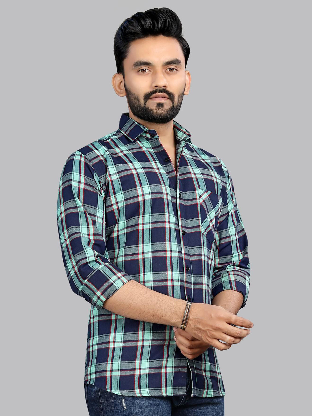 

allan peter Men Classic Spread Collar Tartan Checked Cotton Casual Shirt, Navy blue