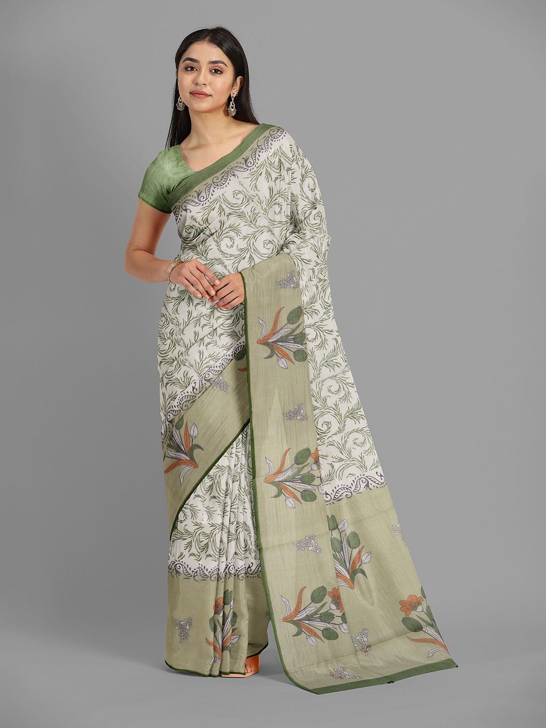 

The Chennai Silks Floral Pure Cotton Fusion Muga Saree, Cream