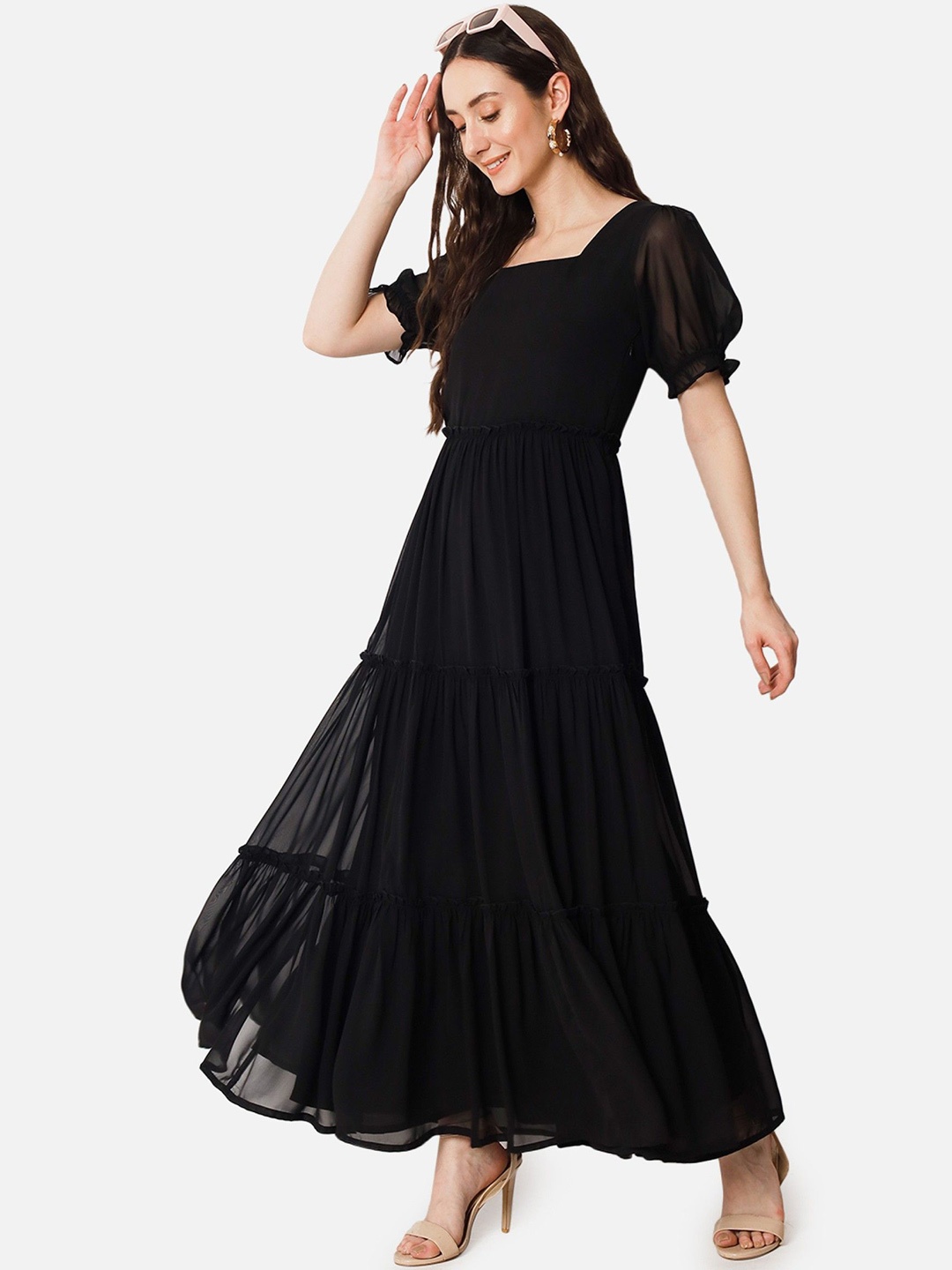 

Krunal Raiyani Women Bell Sleeve Applique Georgette Fit & Flare Maxi Dress, Black