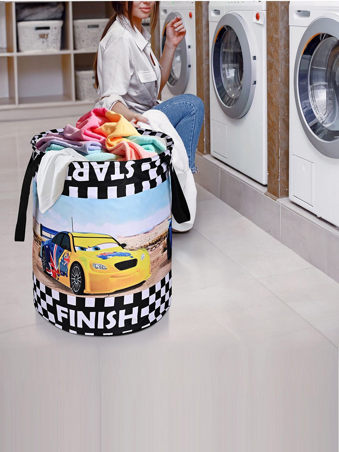 

Kuber Industries Black 3 Pieces Disney Cars Printed Foldable Laundry Bags 45 L Each