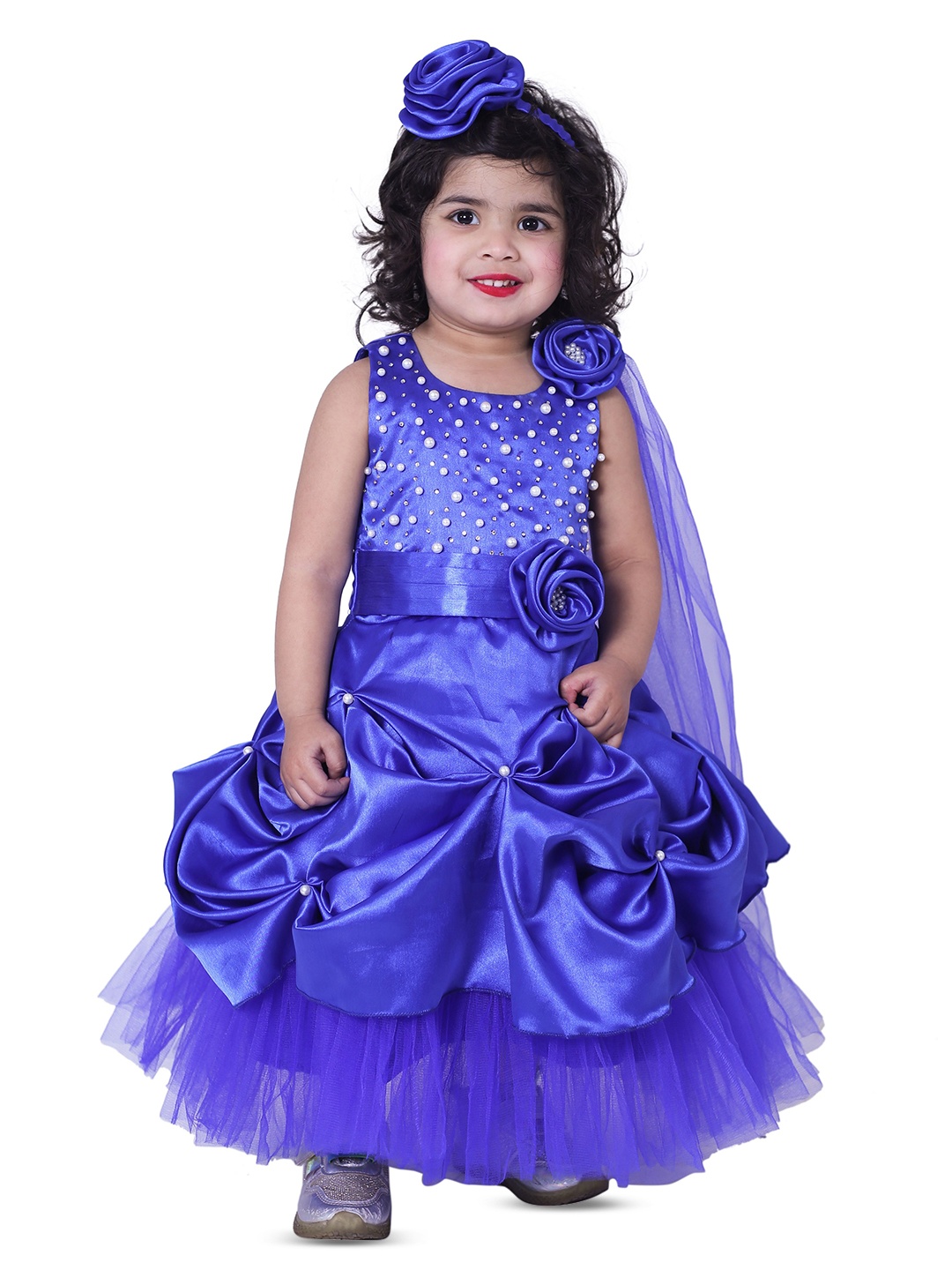 

Wish little Girls Self Design Lace Frills Bows and Ruffles Belted A-Line Maxi Dress, Blue