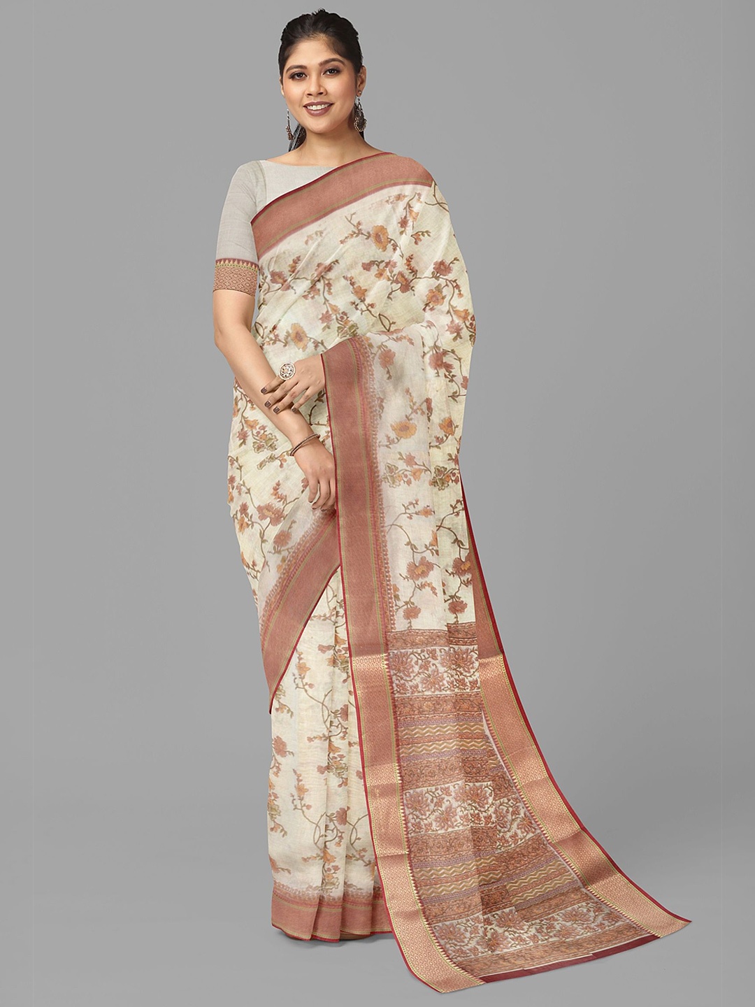 

The Chennai Silks Floral Zari Pure Cotton Chanderi Saree, Beige