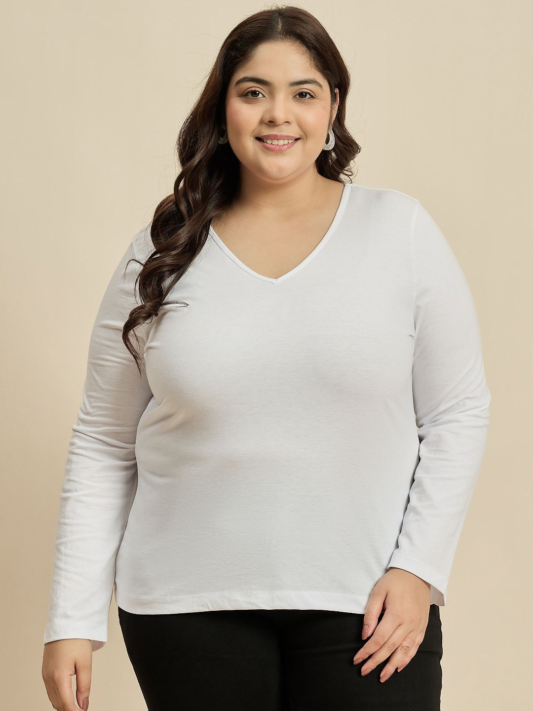 

CURVY STREET Women Solid V-Neck Cotton Plus Size T-shirt, White