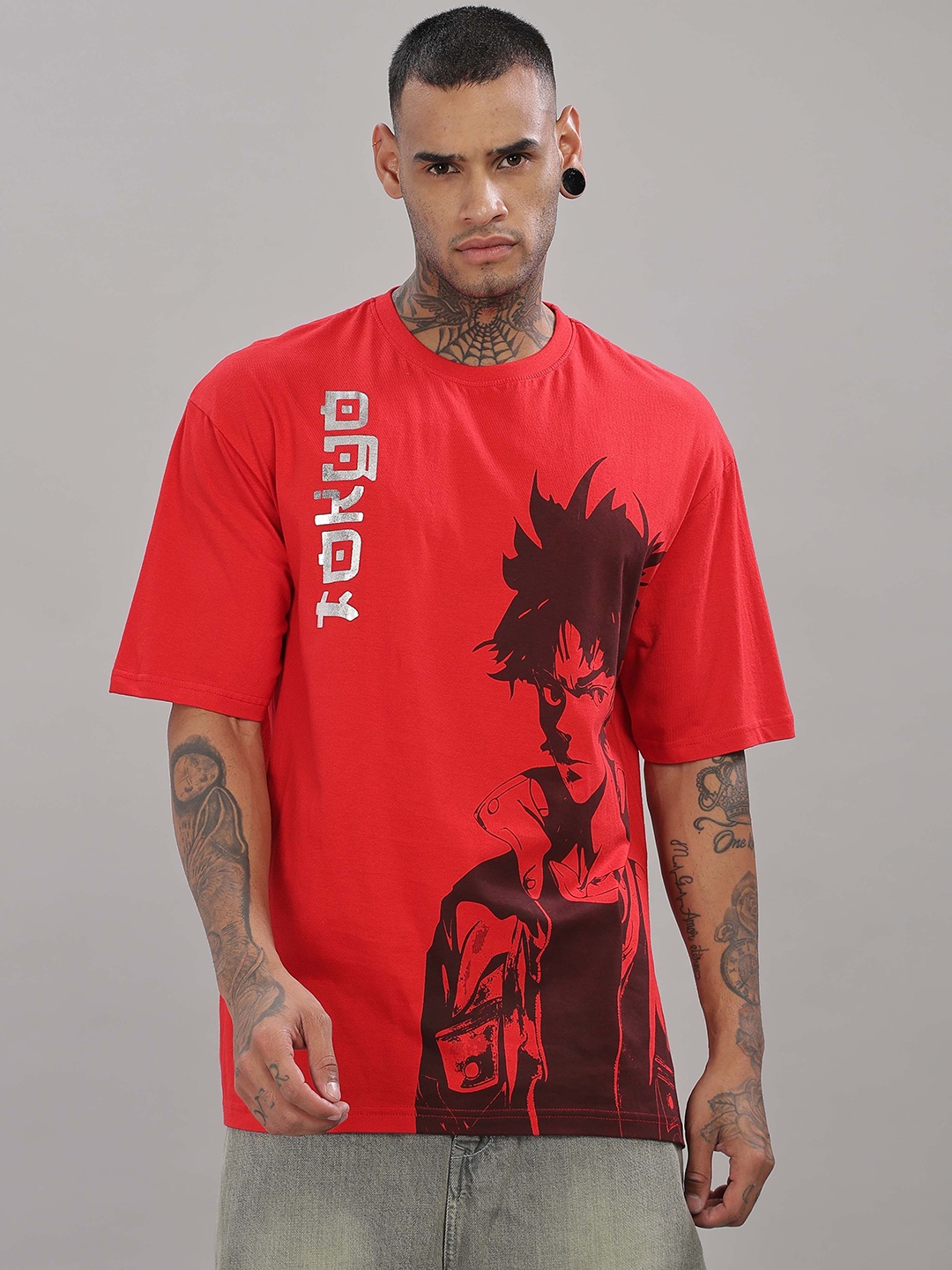 

TOMHIDDLE Men Graphic Printed Round Neck Cotton Oversized T-shirt, Red