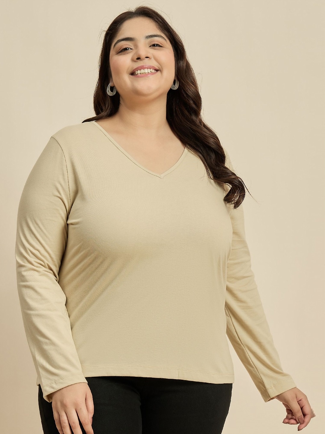 

CURVY STREET Women Solid V-Neck Cotton Plus Size T-shirt, Cream