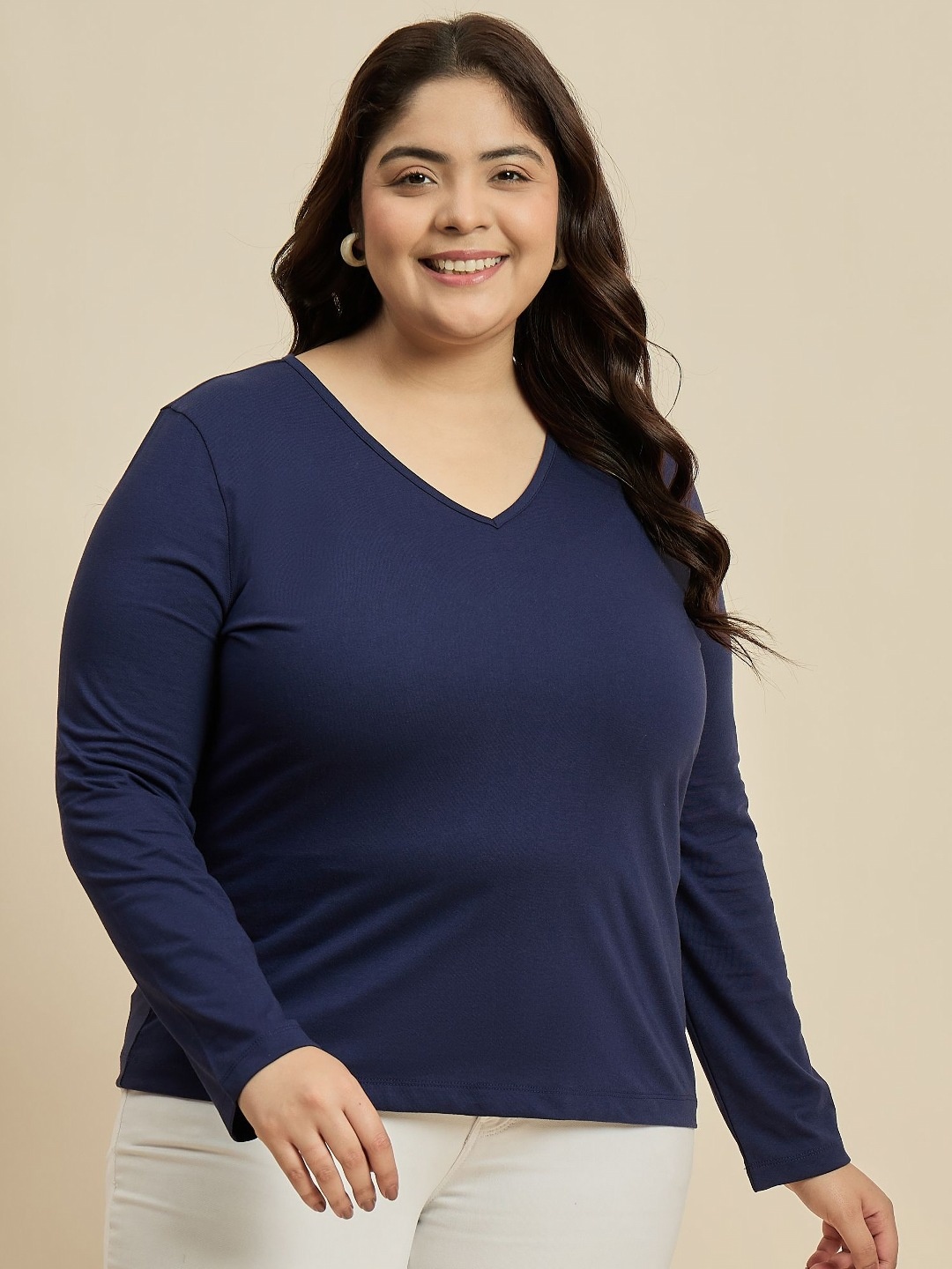 

CURVY STREET Women Solid V-Neck Cotton Plus Size T-shirt, Navy blue