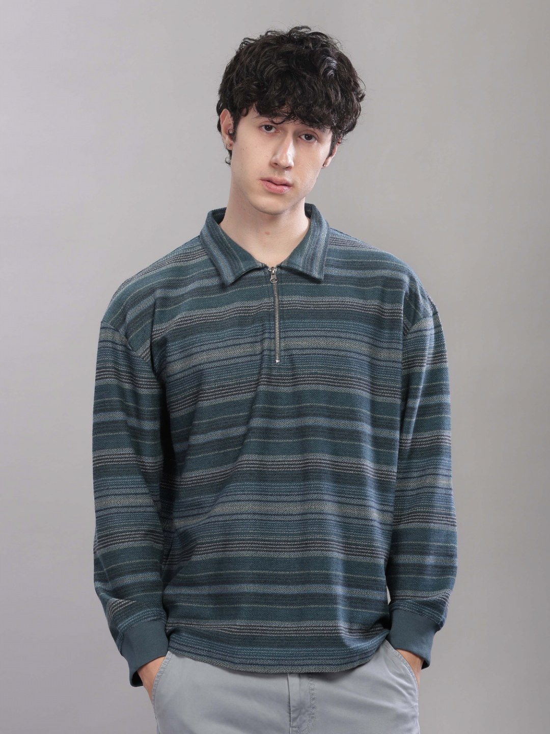 

TOMHIDDLE Men Striped Printed Polo Collar Cotton T-shirt, Teal
