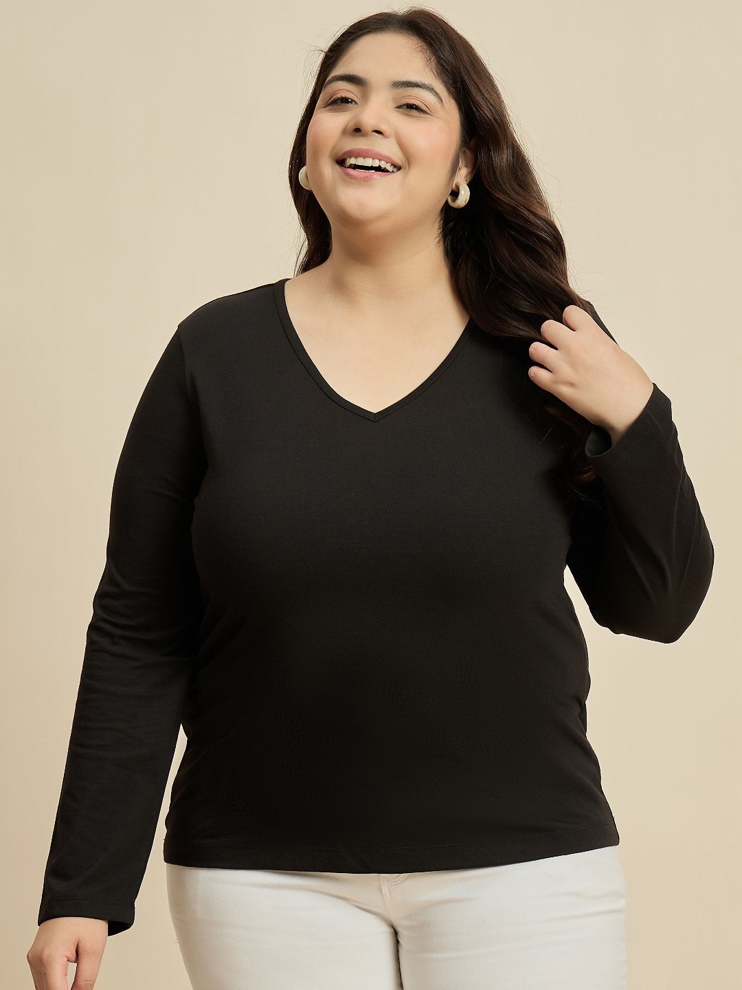 

CURVY STREET Women Solid V-Neck Cotton Plus Size T-shirt, Black