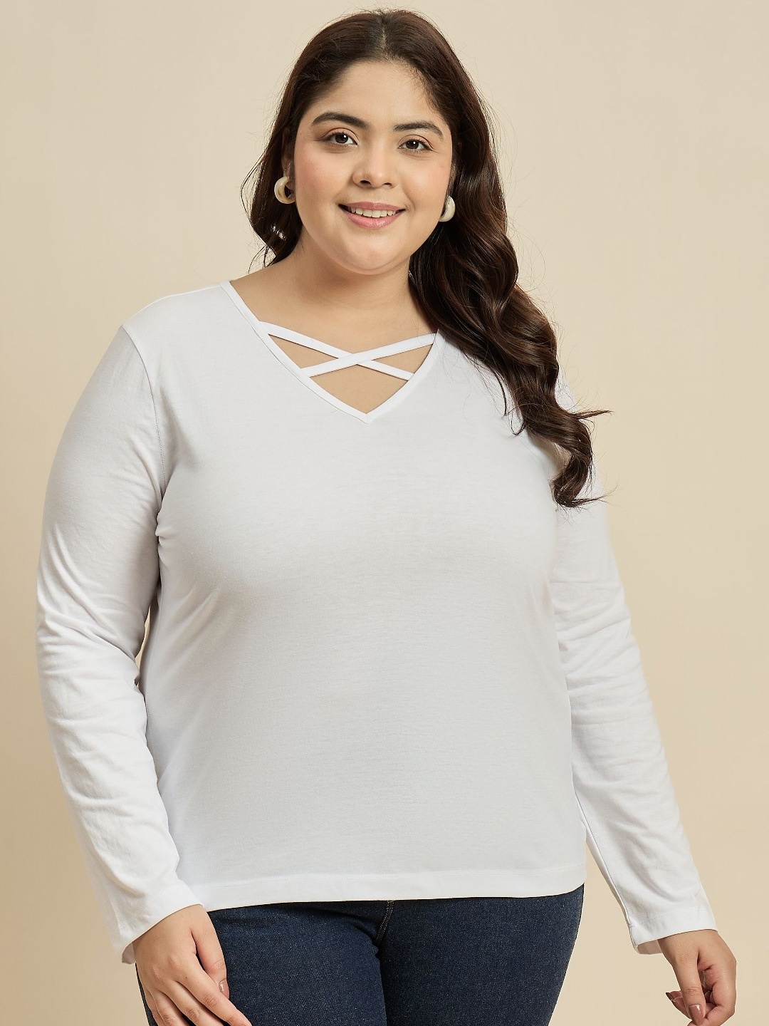 

CURVY STREET Women Solid V-Neck Cotton Plus Size T-shirt, White