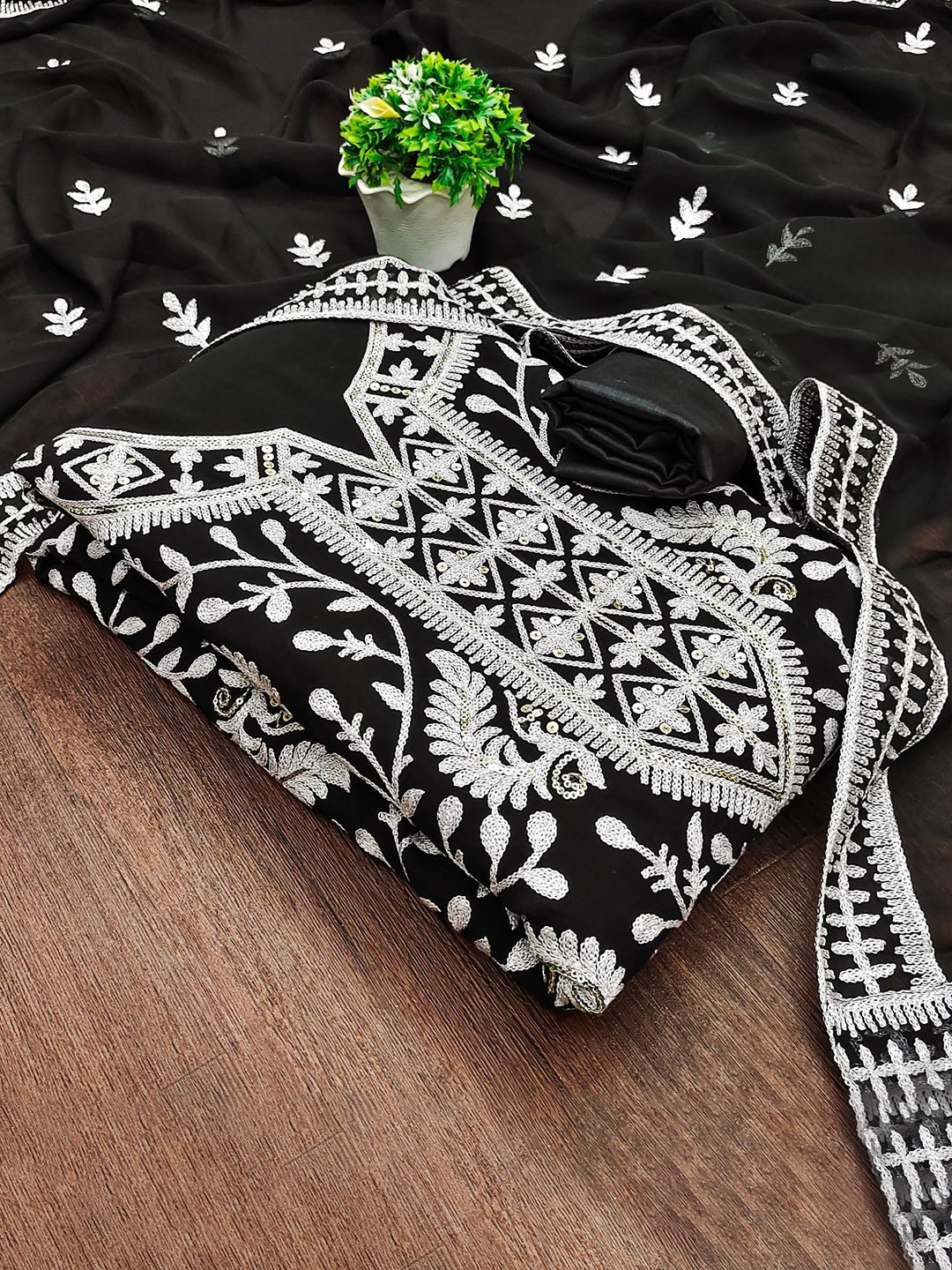 

KALINI Ethnic Motifs Embroidered Sequinned Unstitched Dress Material, Black