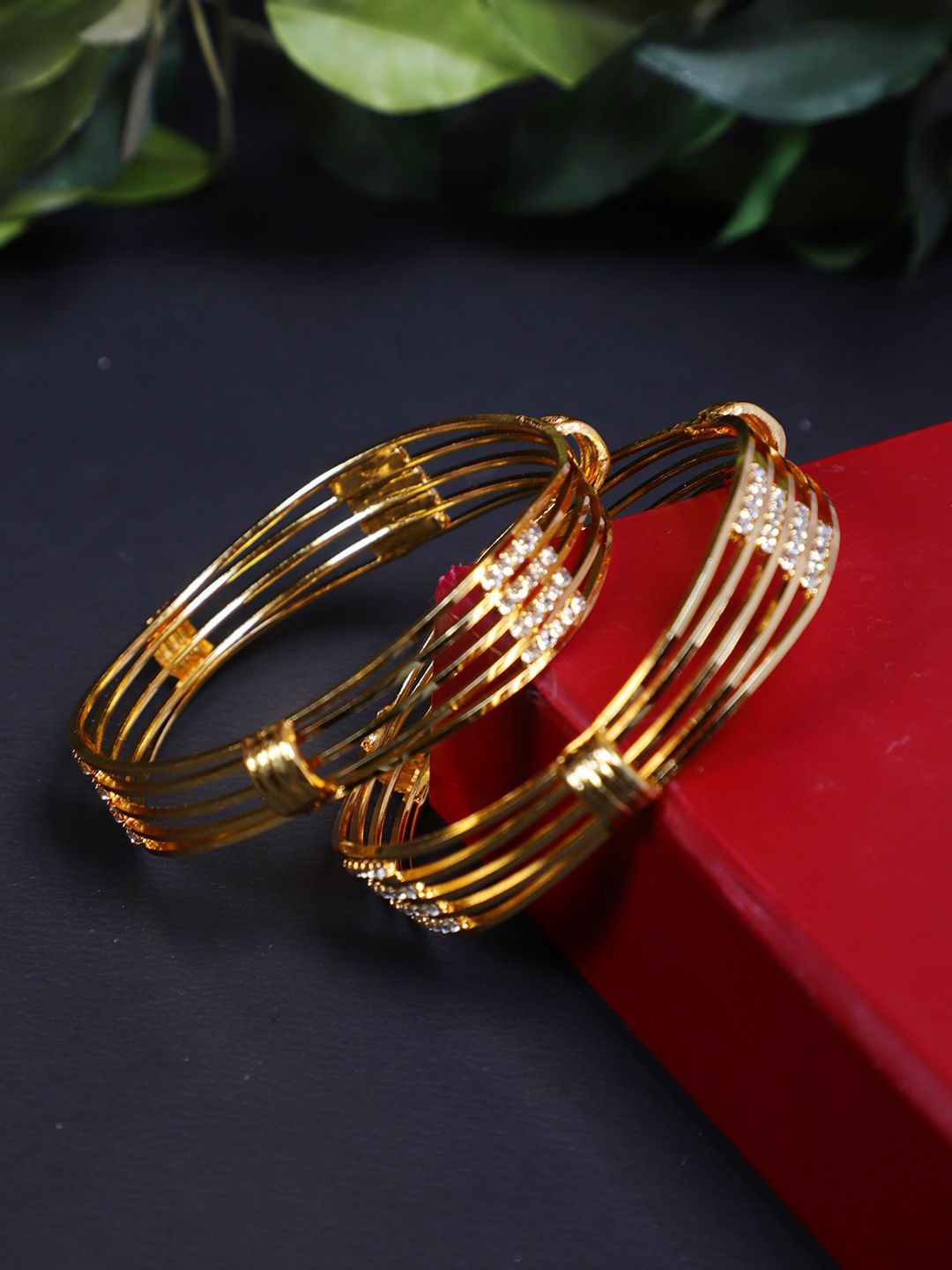 

FIROZA Set Of 2 Gold-Plated American Diamond Stone Studded Bangles